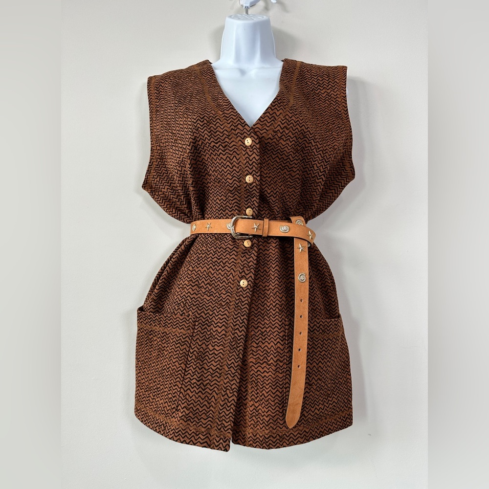 Tan Brown & Black Zigzag Print Button Down Vest with Wooden Buttons Size L